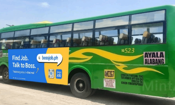 Bossjob campaign displayed on a commuter bus